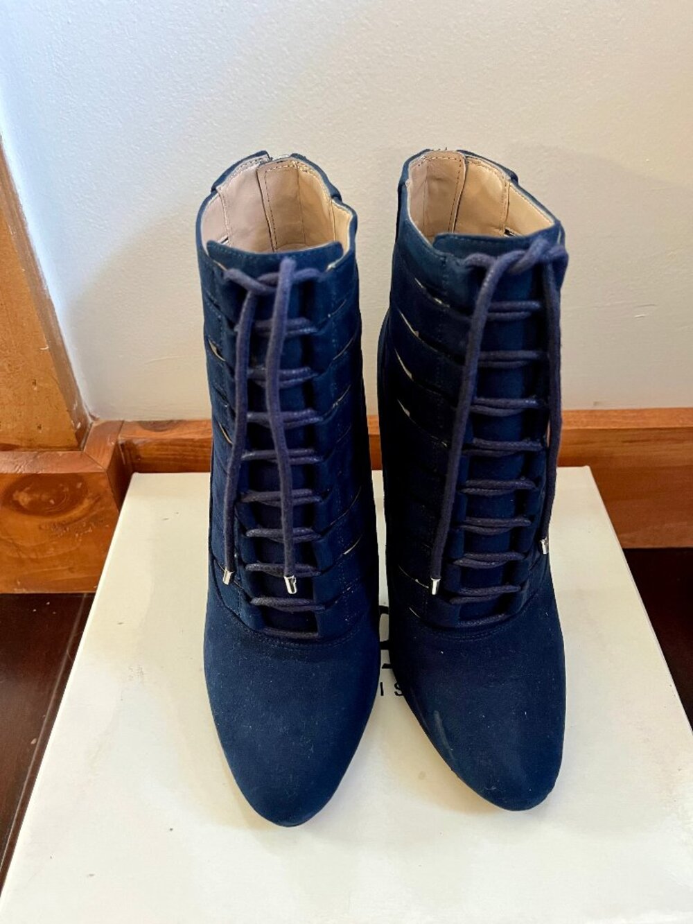BCBGeneration Belini Navy Suede Caged Lace-Up Booties
